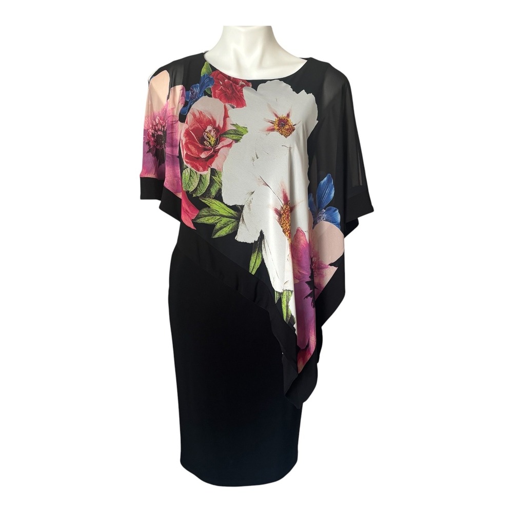 Joseph Ribkoff Black‎ Sheath Dress Floral Chiffon Cold Shoulder Overlay Size 6